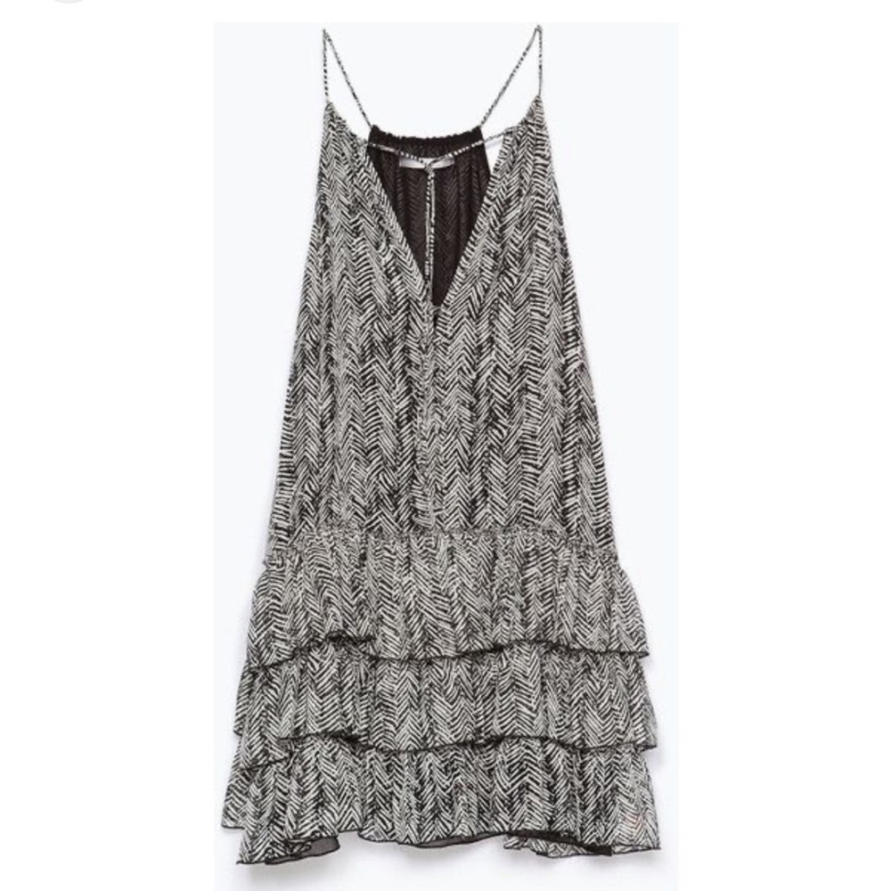 Zara Ruffle Layered Dress Abstract Herringbone Size Medium M Chiffon Racerback